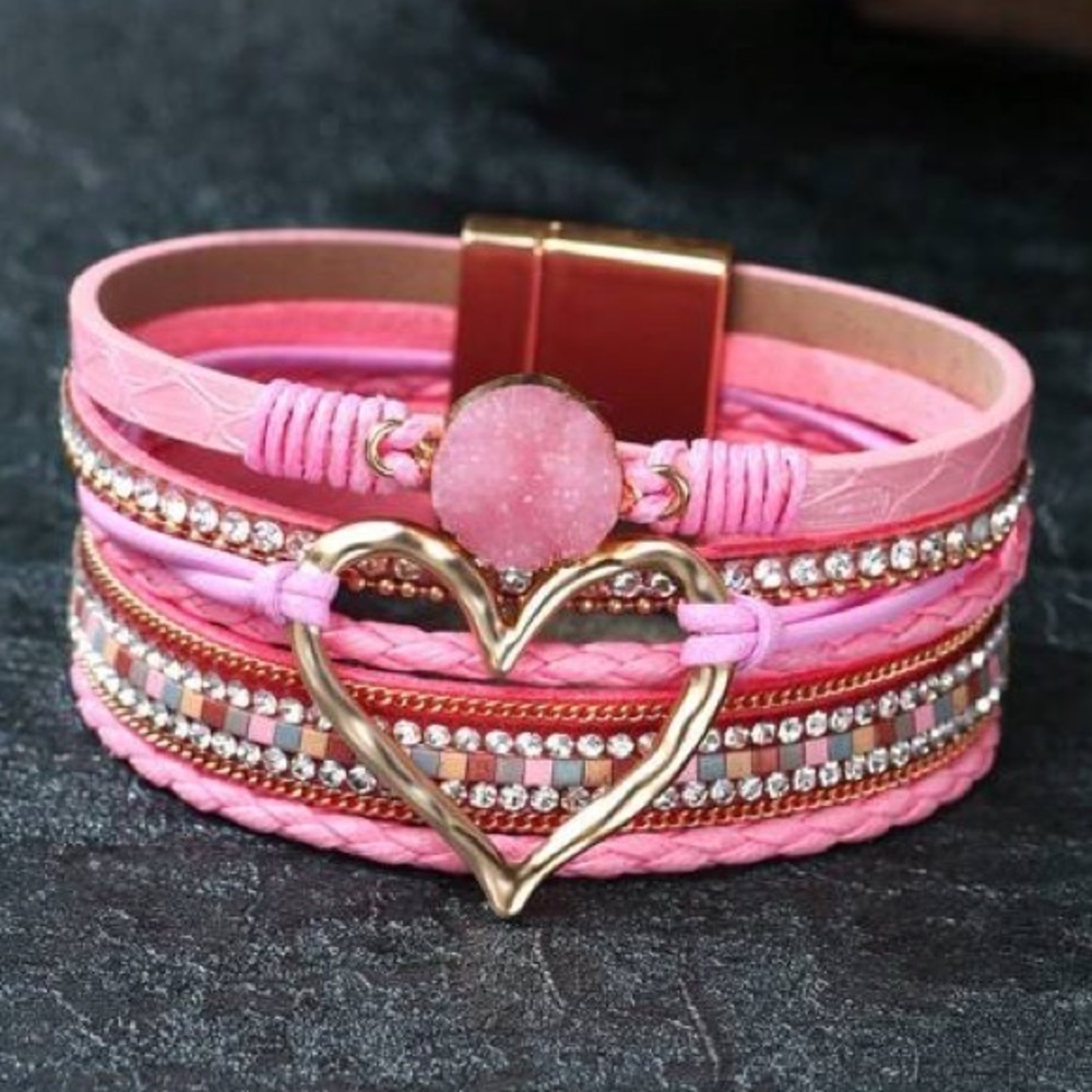 Pink Rhinestone Druzy and. Heart Faux Leather Fashion Bracelet BR02